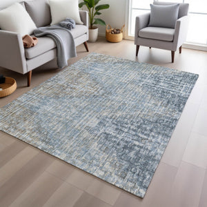 HomeRoots 5' Durable Denim Blue and Beige Geometric Washable Area Rug for Indoor and Outdoor Spaces 5' X 8' 628501