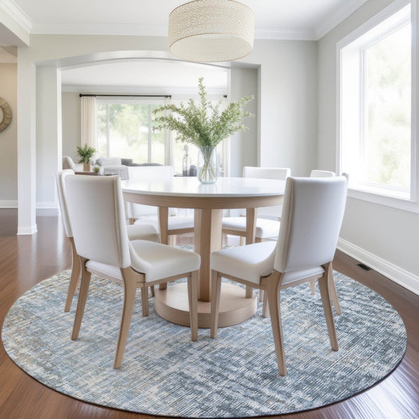 HomeRoots 5' Durable Denim Blue and Beige Geometric Washable Area Rug for Indoor and Outdoor Spaces 8' Round 628502