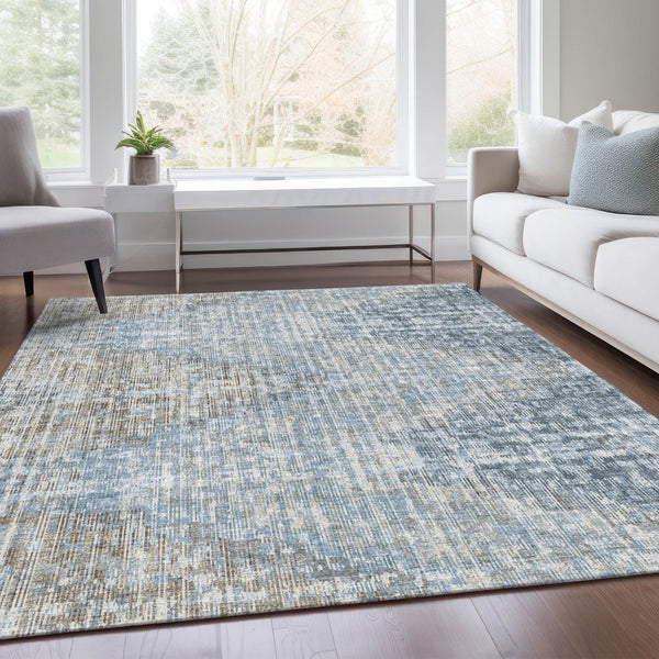 HomeRoots 5' Durable Denim Blue and Beige Geometric Washable Area Rug for Indoor and Outdoor Spaces 8' X 10' 628503
