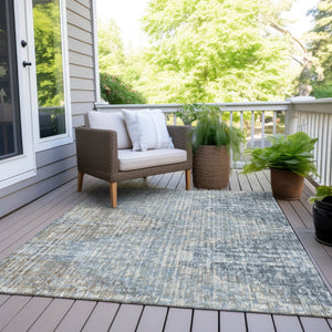 HomeRoots 5' Durable Denim Blue and Beige Geometric Washable Area Rug for Indoor and Outdoor Spaces 9' X 12' 628504