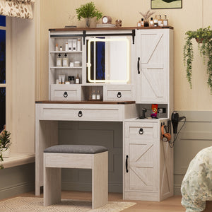 English Elm Farmhouse LED Vanity Desk with Sliding Mirror, Glass Top Storage, Built-In Charging Station & Stool White 37 L x 18.5 W x 13 H N733P340562K