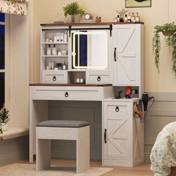 English Elm Farmhouse LED Vanity Desk with Sliding Mirror, Glass Top Storage, Built-In Charging Station & Stool White 37 L x 18.5 W x 13 H N733P340562K