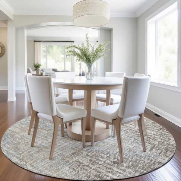 HomeRoots 5' Stylish Beige and Gray Geometric Area Rug - Durable, Washable for Indoor & Outdoor Use, Easy Care 8' Round 628520