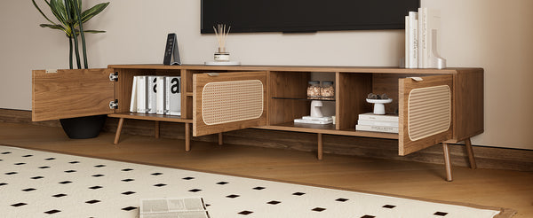 English Elm 78" Rattan TV Stand for 75-85" TVs with Glass Shelves, Solid Wood Legs, Soft-Close Doors, Walnut Finish N710P298238P