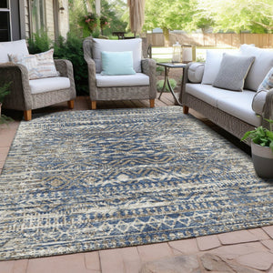 HomeRoots 5' Moroccan-Style Washable Area Rug in Blue and Beige for Indoor and Outdoor High-Traffic Spaces 5' X 8' 628543