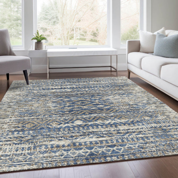 HomeRoots 5' Moroccan-Style Washable Area Rug in Blue and Beige for Indoor and Outdoor High-Traffic Spaces 5' X 8' 628543