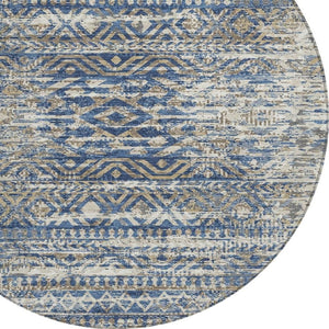 HomeRoots 5' Moroccan-Style Washable Area Rug in Blue and Beige for Indoor and Outdoor High-Traffic Spaces 8' Round 628544