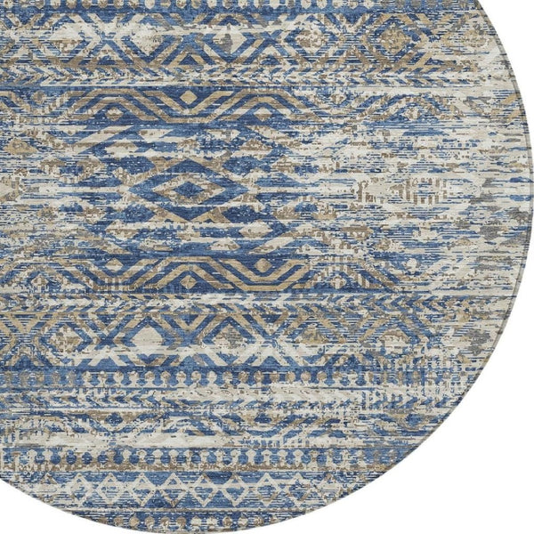 HomeRoots 5' Moroccan-Style Washable Area Rug in Blue and Beige for Indoor and Outdoor High-Traffic Spaces 8' Round 628544