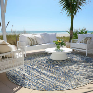 HomeRoots 5' Moroccan-Style Washable Area Rug in Blue and Beige for Indoor and Outdoor High-Traffic Spaces 8' Round 628544