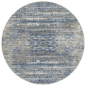 HomeRoots 5' Moroccan-Style Washable Area Rug in Blue and Beige for Indoor and Outdoor High-Traffic Spaces 8' Round 628544