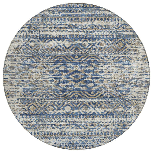 HomeRoots 5' Moroccan-Style Washable Area Rug in Blue and Beige for Indoor and Outdoor High-Traffic Spaces 8' Round 628544