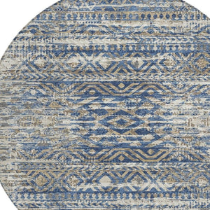 HomeRoots 5' Moroccan-Style Washable Area Rug in Blue and Beige for Indoor and Outdoor High-Traffic Spaces 8' Round 628544