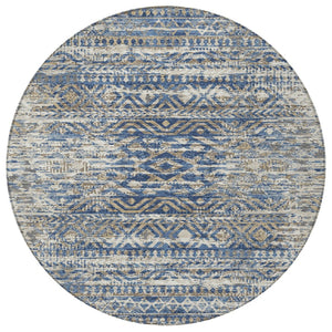 HomeRoots 5' Moroccan-Style Washable Area Rug in Blue and Beige for Indoor and Outdoor High-Traffic Spaces 8' Round 628544