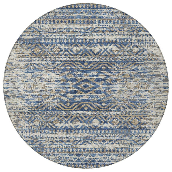 HomeRoots 5' Moroccan-Style Washable Area Rug in Blue and Beige for Indoor and Outdoor High-Traffic Spaces 8' Round 628544