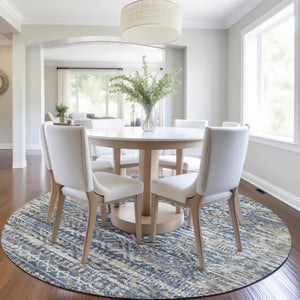 HomeRoots 5' Moroccan-Style Washable Area Rug in Blue and Beige for Indoor and Outdoor High-Traffic Spaces 8' Round 628544