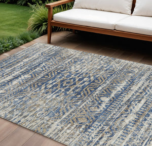 HomeRoots 5' Moroccan-Style Washable Area Rug in Blue and Beige for Indoor and Outdoor High-Traffic Spaces 8' X 10' 628545