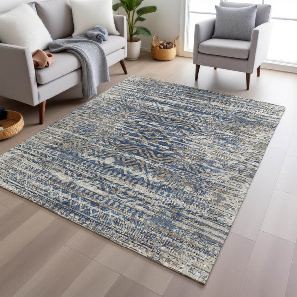 HomeRoots 5' Moroccan-Style Washable Area Rug in Blue and Beige for Indoor and Outdoor High-Traffic Spaces 8' X 10' 628545