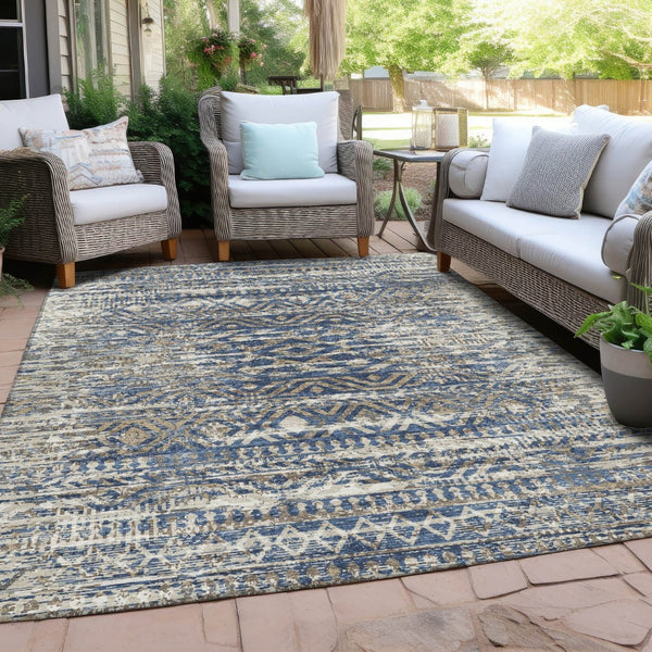 HomeRoots 5' Moroccan-Style Washable Area Rug in Blue and Beige for Indoor and Outdoor High-Traffic Spaces 9' X 12' 628546