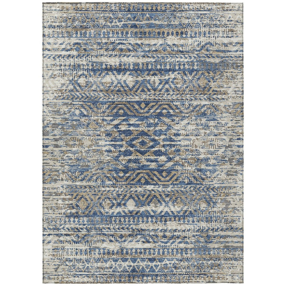 HomeRoots 5' Moroccan-Style Washable Area Rug in Blue and Beige for Indoor and Outdoor High-Traffic Spaces 9' X 12' 628546