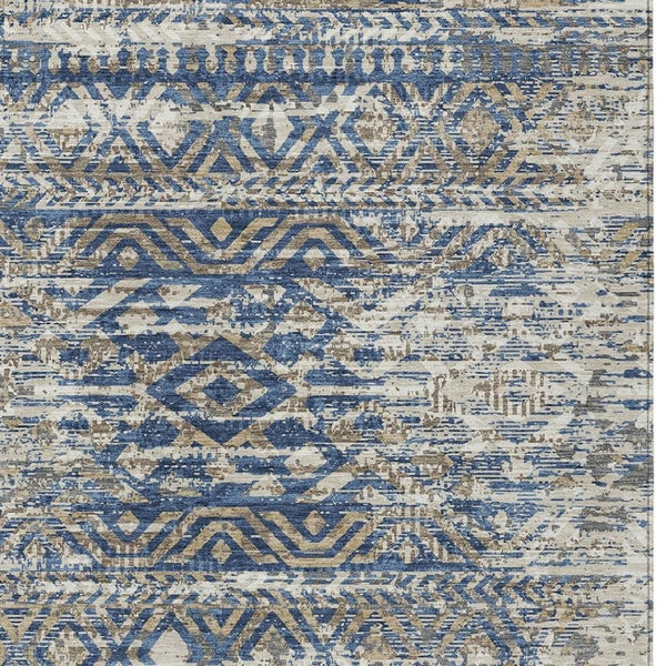 HomeRoots 5' Moroccan-Style Washable Area Rug in Blue and Beige for Indoor and Outdoor High-Traffic Spaces 10' X 14' 628547
