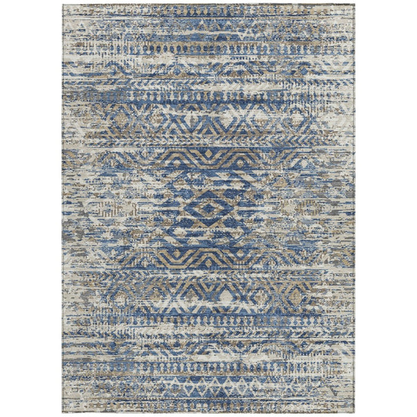 HomeRoots 5' Moroccan-Style Washable Area Rug in Blue and Beige for Indoor and Outdoor High-Traffic Spaces 10' X 14' 628547