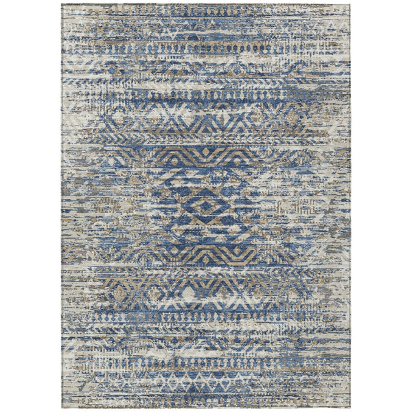 HomeRoots 5' Moroccan-Style Washable Area Rug in Blue and Beige for Indoor and Outdoor High-Traffic Spaces 10' X 14' 628547