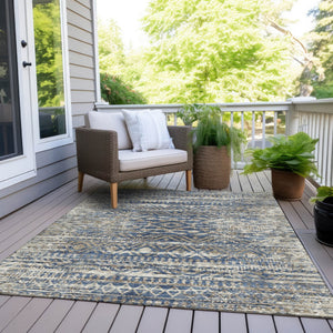 HomeRoots 5' Moroccan-Style Washable Area Rug in Blue and Beige for Indoor and Outdoor High-Traffic Spaces 10' X 14' 628547