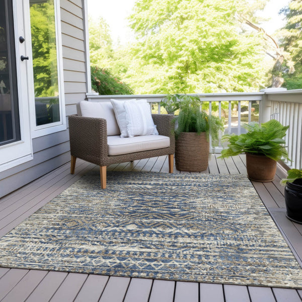 HomeRoots 5' Moroccan-Style Washable Area Rug in Blue and Beige for Indoor and Outdoor High-Traffic Spaces 10' X 14' 628547
