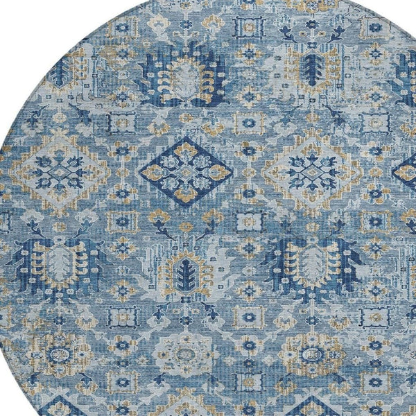 HomeRoots 5' Denim Blue and Gold Floral Medallion Indoor Outdoor Area Rug - Durable, Washable, Stylish Design 8' Round 628562