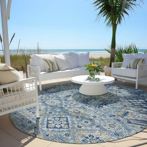 HomeRoots 5' Denim Blue and Gold Floral Medallion Indoor Outdoor Area Rug - Durable, Washable, Stylish Design 8' Round 628562