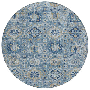 HomeRoots 5' Denim Blue and Gold Floral Medallion Indoor Outdoor Area Rug - Durable, Washable, Stylish Design 8' Round 628562