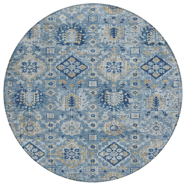 HomeRoots 5' Denim Blue and Gold Floral Medallion Indoor Outdoor Area Rug - Durable, Washable, Stylish Design 8' Round 628562