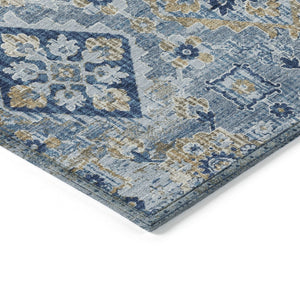 HomeRoots 5' Denim Blue and Gold Floral Medallion Indoor Outdoor Area Rug - Durable, Washable, Stylish Design 8' Round 628562