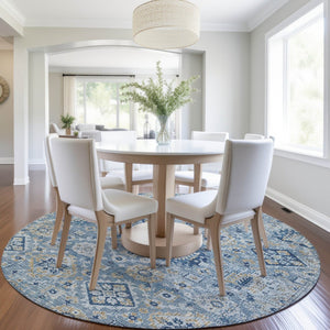 HomeRoots 5' Denim Blue and Gold Floral Medallion Indoor Outdoor Area Rug - Durable, Washable, Stylish Design 8' Round 628562