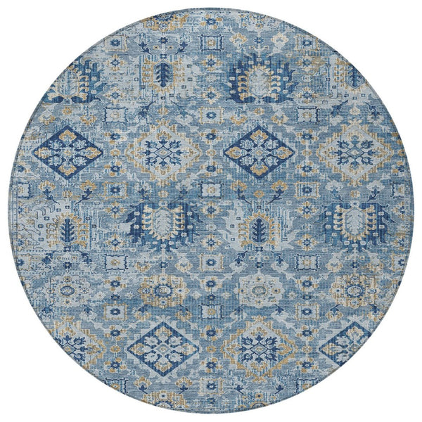 HomeRoots 5' Denim Blue and Gold Floral Medallion Indoor Outdoor Area Rug - Durable, Washable, Stylish Design 8' Round 628562