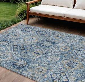 HomeRoots 5' Denim Blue and Gold Floral Medallion Indoor Outdoor Area Rug - Durable, Washable, Stylish Design 8' X 10' 628563