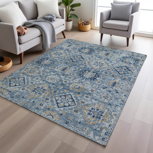 HomeRoots 5' Denim Blue and Gold Floral Medallion Indoor Outdoor Area Rug - Durable, Washable, Stylish Design 8' X 10' 628563