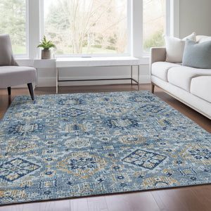 HomeRoots 5' Denim Blue and Gold Floral Medallion Indoor Outdoor Area Rug - Durable, Washable, Stylish Design 8' X 10' 628563
