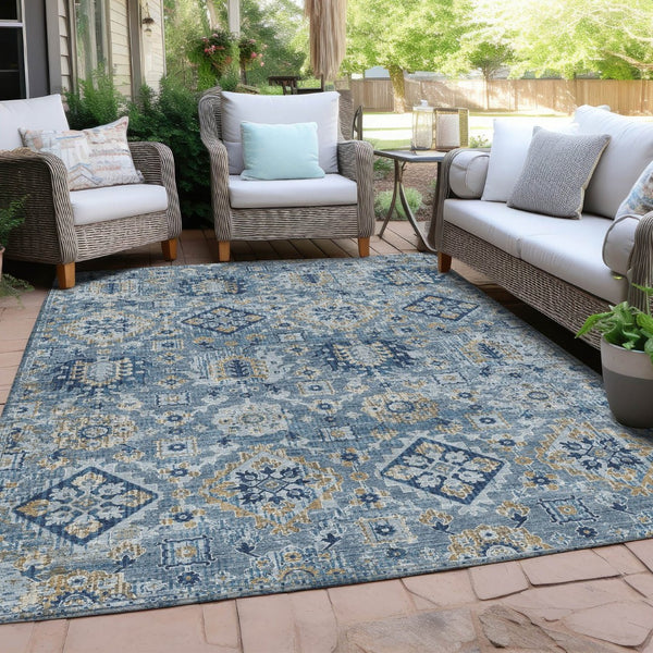 HomeRoots 5' Denim Blue and Gold Floral Medallion Indoor Outdoor Area Rug - Durable, Washable, Stylish Design 9' X 12' 628564