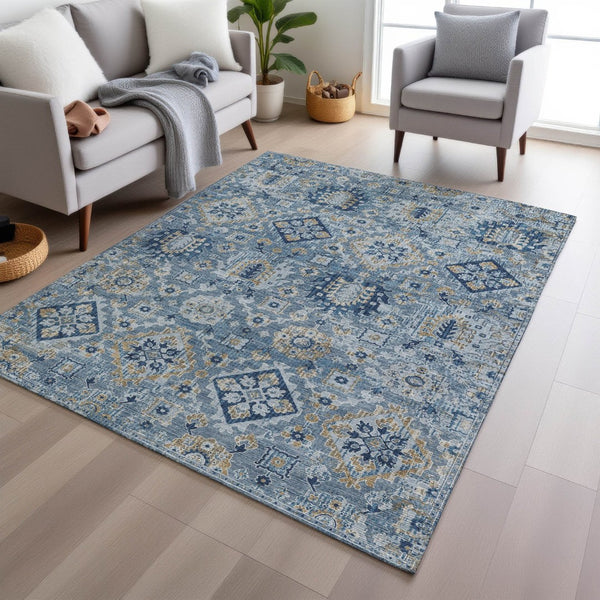 HomeRoots 5' Denim Blue and Gold Floral Medallion Indoor Outdoor Area Rug - Durable, Washable, Stylish Design 9' X 12' 628564