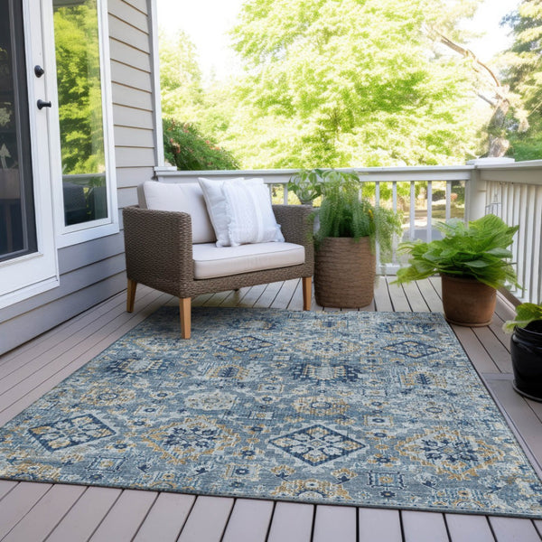 HomeRoots 5' Denim Blue and Gold Floral Medallion Indoor Outdoor Area Rug - Durable, Washable, Stylish Design 9' X 12' 628564