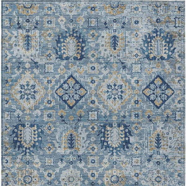 HomeRoots 5' Denim Blue and Gold Floral Medallion Indoor Outdoor Area Rug - Durable, Washable, Stylish Design 10' X 14' 628565