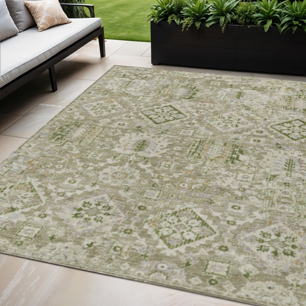 HomeRoots 5' Elegant Floral Medallion Area Rug in Fern Green & Beige for Indoor/Outdoor Durability & Style 5' X 8' 628567