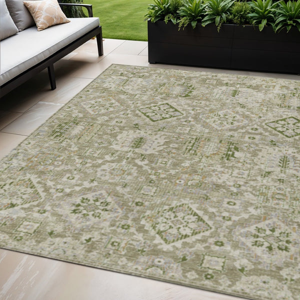 HomeRoots 5' Elegant Floral Medallion Area Rug in Fern Green & Beige for Indoor/Outdoor Durability & Style 5' X 8' 628567