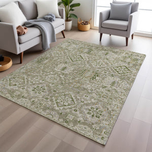 HomeRoots 5' Elegant Floral Medallion Area Rug in Fern Green & Beige for Indoor/Outdoor Durability & Style 5' X 8' 628567