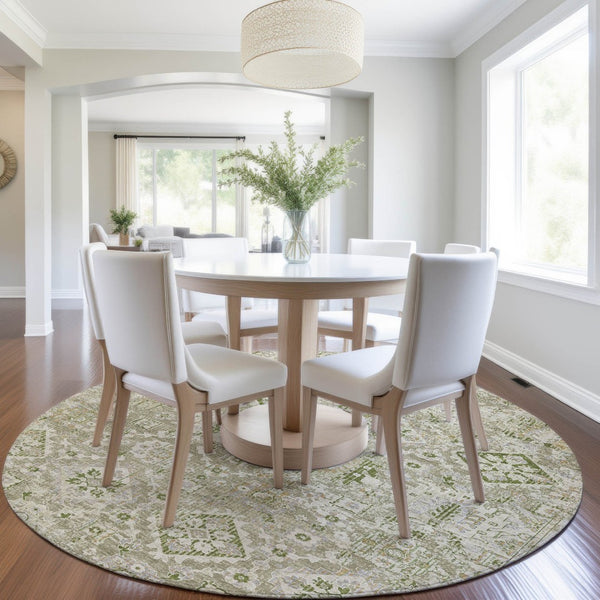 HomeRoots 5' Elegant Floral Medallion Area Rug in Fern Green & Beige for Indoor/Outdoor Durability & Style 8' Round 628568