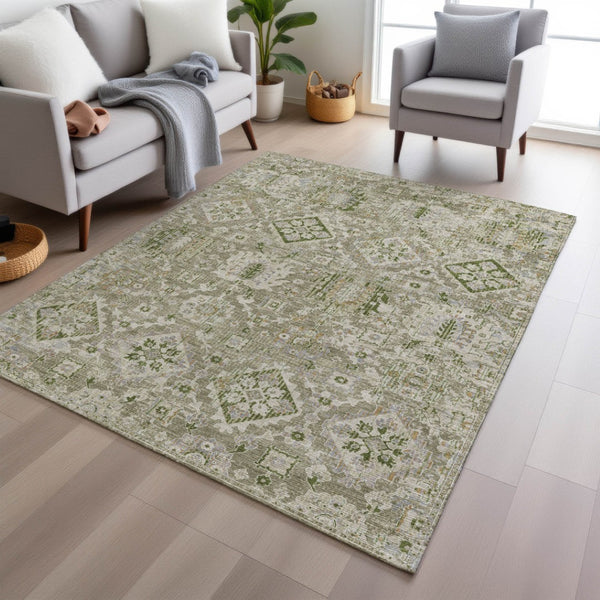 HomeRoots 5' Elegant Floral Medallion Area Rug in Fern Green & Beige for Indoor/Outdoor Durability & Style 9' X 12' 628570