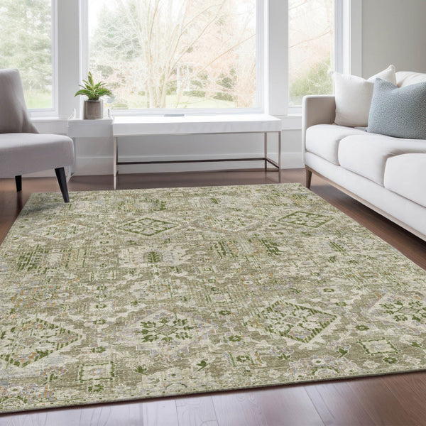 HomeRoots 5' Elegant Floral Medallion Area Rug in Fern Green & Beige for Indoor/Outdoor Durability & Style 10' X 14' 628571