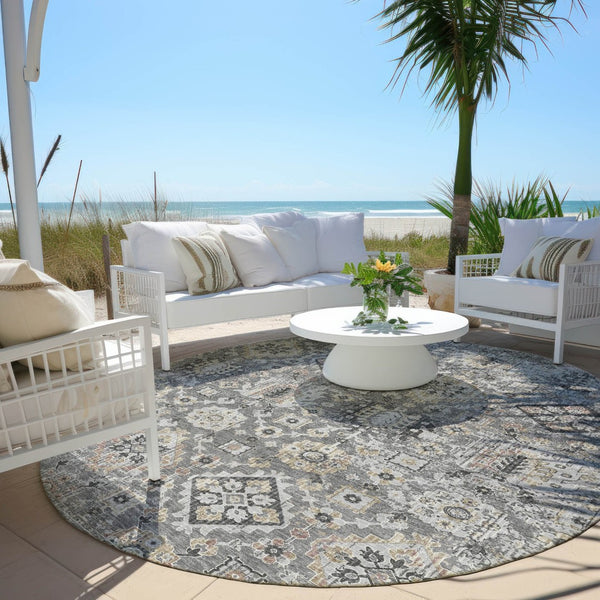 HomeRoots 5' Gray and Copper Floral Medallion Area Rug - Stylish, Washable, Durable for Indoor and Outdoor Use 8' Round 628574
