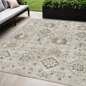 HomeRoots 5' Timeless Linen and Ivory Floral Medallion Area Rug - Durable, Washable Design for Indoors & Outdoors 5' X 8' 628579